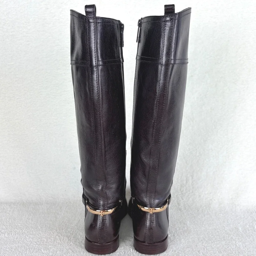 Tory Burch Jess Dark Brown Leather Knee High Riding Boots Gold‎ Horsebit 7.5M